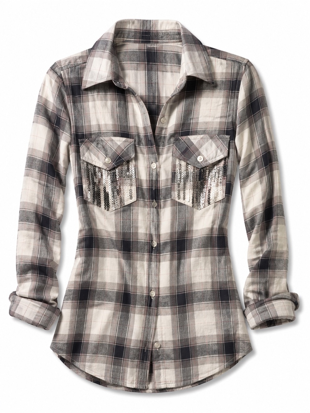 Plaid Long-Sleeve Shirt with Sequin Pocket Detail - Gray/Black